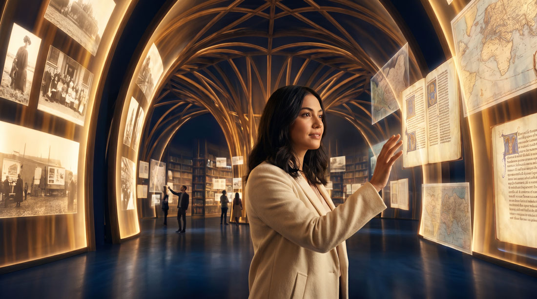 Pages of an open book turning, suggesting an immersive, living archive